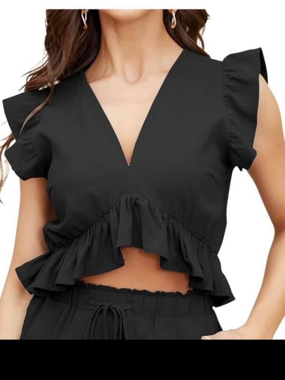 Women’s Black Ruffle V-Neck Crop Top